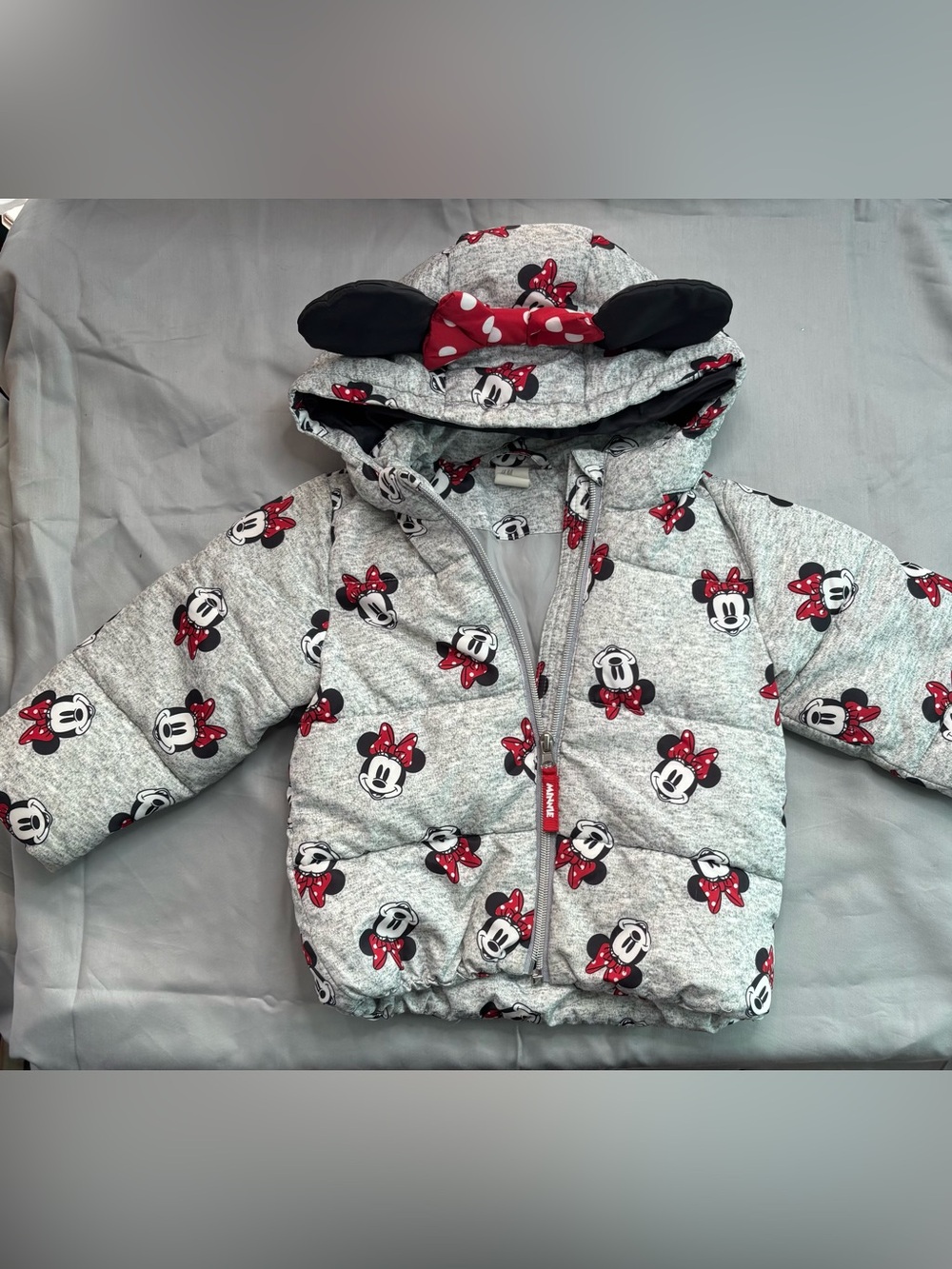 Disney Grey Minnie Mouse Puffer Hoodie with Red Bow Accents